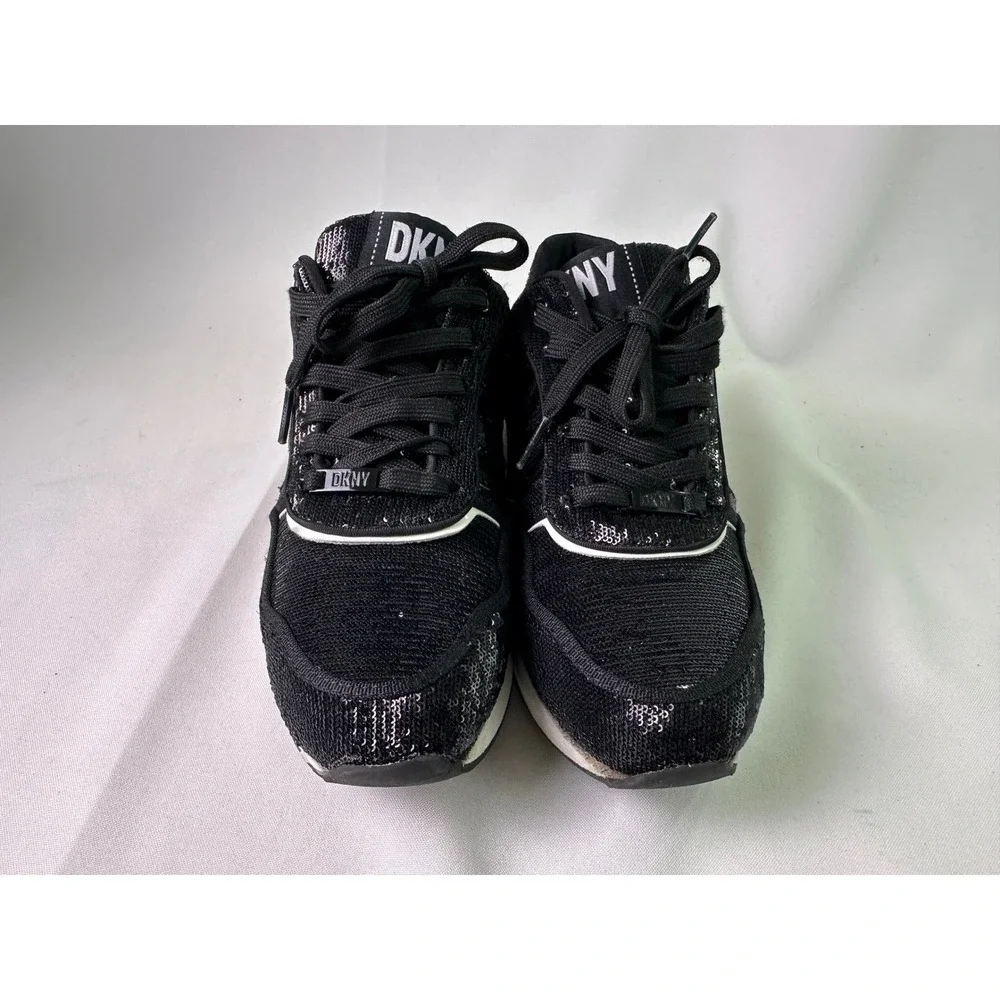 DKNY Women's Size 7.5 M Black Sequin Lace Up Sneakers Fashion Sparkle Athleisure